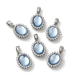 Платинированный Овальные подвески из латуни с микропаве и прозрачным фианитом, cmолой, Реальная платина, 14.5x10.5x6.5 мм, отверстие : 4x3 мм