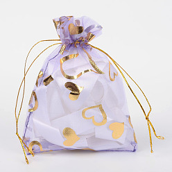 Medium Purple Heart Printed Organza Bags, Gift Bags, Rectangle, Medium Purple, 12x10cm