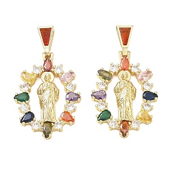 Colorful Religion Brass Pave Cubic Zirconia Pendants, with Enamel, Oval with Saint Jude Charms, Lead Free & Cadmium Free, Long-Lasting Plated, Rack Plating, Real 18K Gold Plated, Colorful, 36mm, Pendant: 29x20x4mm, Hole: 5.5x3mm
