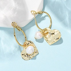 Настоящее золото 18K Серьги-кольца в форме сердца из латуни с натуральным жемчугом, стойки покрытие, долговечный, без кадмия и без свинца, реальный 18 k позолоченный, 41x20x20 мм