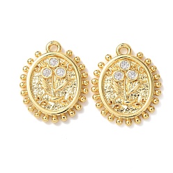 Настоящее золото 18K Латунные микро проложить кубического циркония подвески, овал с цветочными подвесками, долговечный, реальный 18 k позолоченный, 18x15x2 мм, отверстие : 1.5 мм