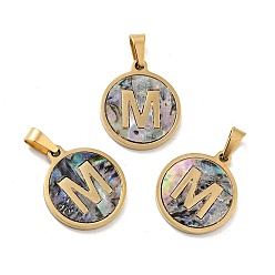 Letter M Вакуумное покрытие pvd 304 нержавеющая сталь с подвесками из ракушек пауа, золотые, плоский круглый с подвеской в виде буквы, letter.m, 18x16x1.5 мм, отверстие : 3x6 мм