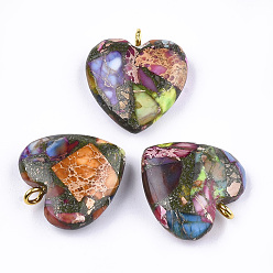 Colorful Synthetic Gold Line Regalite/Imperial Jasper/Sea Sediment Jasper Pendants, with Iron Findings, Heart, Golden, Colorful, 22x20.5x7mm, Hole: 2mm