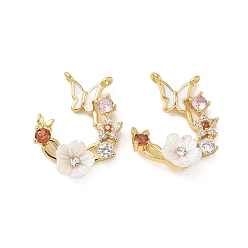 Real 18K Gold Plated Brass Micro Pave Colorful Cubic Zirconia Pendants, with Resin & Enamel, Butterfly with Flower Charms, Real 18K Gold Plated, 21x17x4mm, Hole: 1.2mm