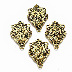 Античное Золото Сплав люстра компонента ссылки тибетском стиле, 3 Разъемы петли, люстра компонента ссылки, 3 Разъемы петли, для религии, без кадмия и без свинца, овал с девой марии и словами, античное золото , 29x20x3 мм, отверстия : 1.8 mm и 1 мм, Около 298~310 шт / 1000 г