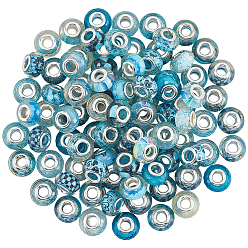 Темно-Голубой 100шт. напечатанных прозрачных европейских бусин из смолы, бусины с большим отверстием, рондель с латунными сердечниками, покрытыми серебром, и блестящей пудрой, глубокое синее небо, 14x8.5 мм, отверстие : 5 мм