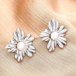 Нержавеющая Сталь Цвет 304 из нержавеющей стали серьги, с пластиковой имитационной жемчужиной, цветок, цвет нержавеющей стали, 25x22.5 мм