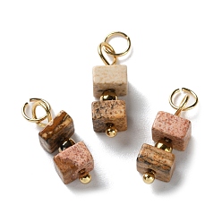 Пейзажный Джаспер Подвески из натуральной яшмы в форме куба с бусинами, с 304 петлями из нержавеющей стали, золотые, 17~17.5x5.5~6x5.5~6 мм, отверстие : 3.5 мм