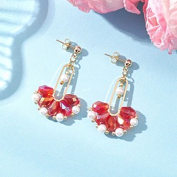 Красный Веерные стеклянные серьги-гвоздики, с 304 фурнитурой для сережек из нержавеющей стали и круглыми бусинами из стеклянного жемчуга, золотые, красные, 40.5x24.5~25.5 мм