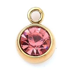 Розовый 304 прелести нержавеющей стали, с акриловыми стразами, очарование камня, граненые, плоско-круглые, золотые, светло-розовый, 8.2x6x3.5 мм, отверстие : 1.2 мм