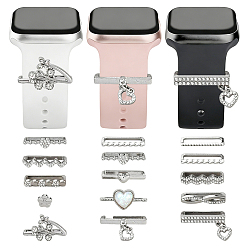 Platinum 3 Bags 3 Styles Rhinestone Watch Band Charms Set, Alloy Watch Band Decorative Ring Loops, Platinum, 1.7~17.5x23~24x5.5~10mm, 1 bag/style