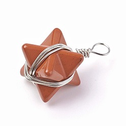 Красный Камень Природные красной яшмы подвески, с латунной фурнитурой , Звезда Меркабы, платина, 24~27x17x17 мм, отверстие : 3.5~4 мм