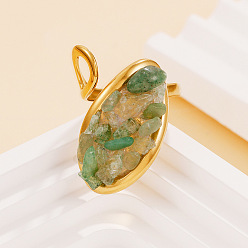 Зеленый Авантюрин Натуральная зеленая крошка авантюрина с 304 открытыми кольцами из нержавеющей стали, овальные, золотые, 17 мм