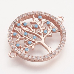 Розовое Золото Латунные микро проложить кубических ссылки циркония, плоские круглые с дерева жизни, розовое золото , 24x19x2 мм, отверстие : 1 мм
