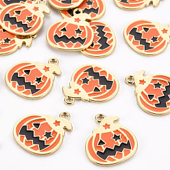 Темно-Оранжевый Обшивка стойки эмалевые подвески из экологически чистого сплава, Хэллоуин тема, без кадмия и без свинца, золотой свет, тыква Тыква-фонарь, темно-оранжевый, 23x20x1.5 мм, отверстие : 1.8 мм