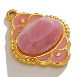 Pale Violet Red Stainless Steel Pendants, with Enamel and Resin, Golden, Flower Charm, Pale Violet Red, 24x19mm, Hole: 1.9mm