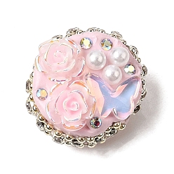 Pink Ручной полимерной глины шариков Rhinestone, с использованием смолы, АБС-пластика, искусственного жемчуга и железа., бусины в виде диско-шаров с цветами и бабочками, розовые, 21~23x15~17 мм, отверстие : 1.8 мм