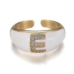 Letter E Brass Micro Pave Clear Cubic Zirconia Cuff Rings, Open Rings, with Enamel, Cadmium Free & Lead Free, Golden, Letter.E, US Size 7 1/4, Inner Diameter: 17.6mm