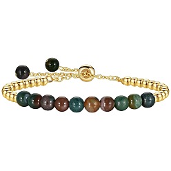 Ágata India Pulseras ajustables de acero inoxidable con cuentas redondas de ágata india natural 304 para hombres y mujeres, real 18 k chapado en oro, 6.30 pulgada (16 cm)