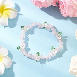 Розовый Кварц Женские браслеты из бусин с натуральной крошкой розового кварца, с бусинами в виде цветочков из АБС-пластика, имитирующими жемчуг, внутренний диаметр: 2 дюйм (5 см)