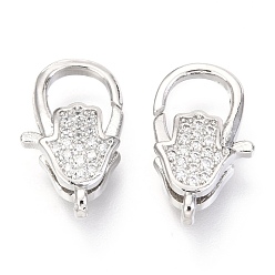 Платина Латунные микро проложить кубического циркония когтя омара застежками, hamsa рука / рука fatima / рука miriam, платина, 17x10x5 мм, отверстие : 1x2 мм
