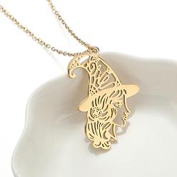 Golden Halloween 201 Stainless Steel Witch Outline Pendant Necklaces for Women, Golden, 17.72 inch(45cm)