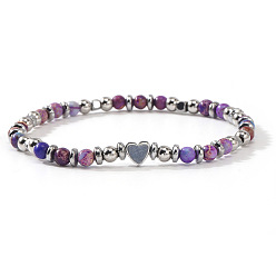 Имперская яшма Браслеты из круглых бусин из окрашенного натурального фиолетового императорского яшмы., Украшения для женщин из синтетических немагнитных гематитовых бусин., сердце, 6.89 дюйм (17.5 см)