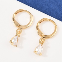 Прозрачный Серьги-кольца в форме слезы с микропаве из кубического циркония из латуни, реальный 18 k позолоченный, прозрачные, 22x5 мм