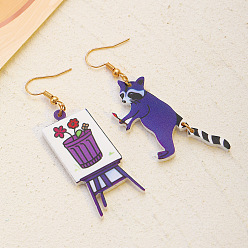 Raccoon Акриловые серьги болтаться, золотые, слева и справа, енот, 64x20 мм и 66x18 мм