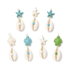 Золотой 7 шт. 7 стили подвески из натуральной раковины каури и морской черепахи, окрашенные в синтетический бирюзовый цвет, с медными ювелирными проволочными петлями, белый и бирюзовый, золотые, 43.5~47.5x13.5~14x10 мм, отверстие : 3.5 мм, 1 шт / стиль