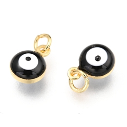 Black Brass Enamel Charms, Real 18K Gold Plated, Long-Lasting Plated, with Jump Ring, Evil Eye, Black, 9.5x6.5x4.5mm, Hole: 2.5mm