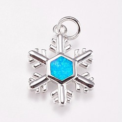 Deep Sky Blue Brass Pendants, with Synthetic Opal, Snowflake, Platinum, Deep Sky Blue, 20.5x15.5x2mm, Hole: 4mm