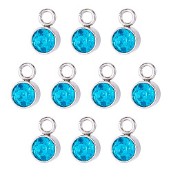 Синий Циркон 10 шт. подвески из стеклянных страз, очарование камня в декабре, с цветным тоном нержавеющей стали 201 фурнитура из нержавеющей стали, плоско-круглые, синий циркон, 10x6x5 мм, отверстие : 2 мм