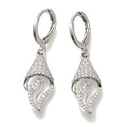 Платина Серьги-кольца из латуни с микропаве из прозрачного кубического циркония в форме ракушки, долговечный, без свинца и без кадмия, платина, 35x9.5 мм