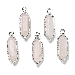 Розовый Кварц Подвески с двойными концами из натурального розового кварца с огранкой, покрытие стойки латунные шестигранные подвески, платина, 21~22x6.5~7x4.5 мм, отверстие : 1.4 мм