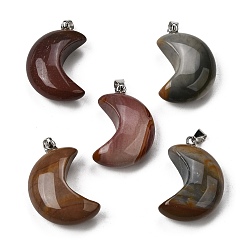 Пикассо Камень Подвески из натуральной яшмы Пикассо/полихромной яшмы, подвески в виде луны 304 с защелками из нержавеющей стали, цвет нержавеющей стали, 34~34.5x23~23.5x12~12.5 мм, отверстие : 6.5x4 мм