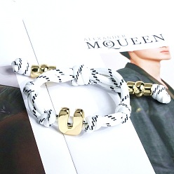 Белый Браслеты из хлопкового шнура с плетеным узлом и буквой U, латунные подвески в виде букв алфавита для женщин и мужчин, золотые, белые, внутренний диаметр: 1.97~2.76 дюйм (5~7 см)