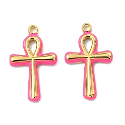 Ярко-Розовый 304 нержавеющей стальной эмали подвески, анкх крест прелести, вакуумное покрытие pvd, реальный 18 k позолоченный, ярко-розовый, 18x11x2 мм, отверстие : 1.4 мм