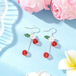 Оранжево-Красный Серьги-подвески из стеклянных бусин с вишнями, с подвесками в виде акриловых листьев, серебряные, оранжево-красный, 47.5 мм