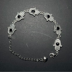Black Vintage European Alloy Enamel Hamsa Hand Link Chain Bracelets for Women, Silver Color Plated, Black, 6.10 inch(15.5cm)