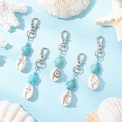 Бирюза 5шт 5 стили натуральные подвески из ракушек каури украшения, с синтетическими бусинами в виде черепахи цвета бирюзы, подвески из сплава и поворотные застежки-карабины, формы раковины, бирюзовые, 80 мм, 1 шт / стиль