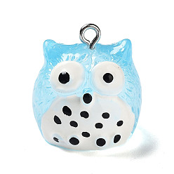Sky Blue Translucent Resin Pendants, Owl Charms with Platinum Plated Iron Loops, Sky Blue, 21x20x19.5mm, Hole: 2mm