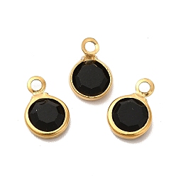 Black Ion Plating(IP) 304 Stainless Steel with Glass Charms, Real 18K Gold Plated, Faceted Flat Round, Black, 9.5x6.5x2mm, Hole: 1.5mm