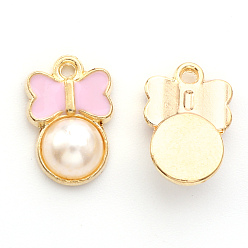 Pink Сплав эмали прелести, с абс пластмассовой имитационной жемчужиной, бантом, золотой свет, розовые, 15x10x4 мм, отверстие : 1.2 мм