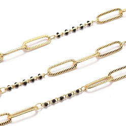 Black Golden Plated Handmade Enamel Beaded Chains, Brass Paperclip Chains, Long-Lasting Plated, Soldered, with Spool, Black, Link: 15x5x0.7mm and 5x1.7x2mm, about 32.8 Feet(10m)/roll