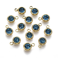Sapphire Vacuum Plating 201 Stainless Steel Rhinestone Charms, Birthstone Charms, Flat Round, Real 18K Gold Plated, Sapphire, 8.5x6x3mm, Hole: 1.5mm