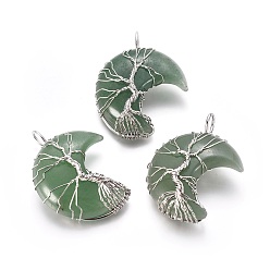 Green Aventurine Natural Green Aventurine Tree of Life Wire Wrapped Pendants, with Brass Findings, Crescent Moon, Platinum, 44~46x26~32x12.5mm, Hole: 6.5x4.5mm