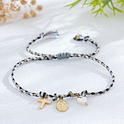 Серый Браслеты с подвесками из латуни и натуральных ракушек, регулируемые плетеные браслеты из волоконного шнура для женщин, крест и овал с Девой Марией и сердцем, серые, внутренний диаметр: 11 дюйм (28 см)