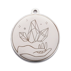 Stainless Steel Color Non-Tarnish 304 Stainless Steel Pendants, Flat Round with Hand & Diamond, Stainless Steel Color, 28x25x1.4mm, Hole: 2mm