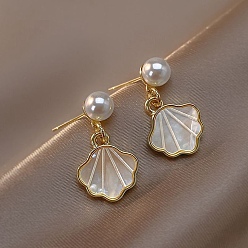 Золотой Серьги-гвоздики из сплава в форме ракушки, с пластиковыми бусинами из искусственного жемчуга, золотые, 24.5x12.5 мм